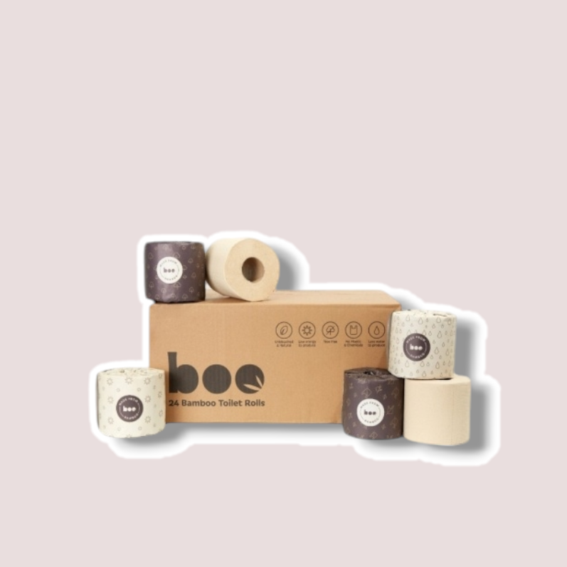 24-pack of Boo bamboo toilet paper rolls with eco-friendly packaging, soft and strong, plastic-free and sustainable.
